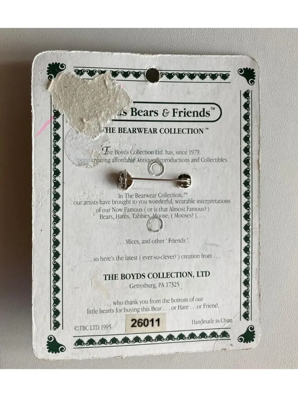 Boyds Bear With Hearts Brooch Lapel Pin
